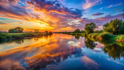 Serene Sunset Symphony: A Tranquil River Scene at Twilight  Generative AI