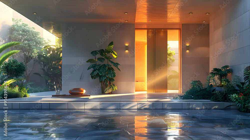 Canvas Prints Modern house entrance with tropical plants and wet stone floor.