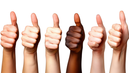 Row of diverse hands giving thumbs up with transparent background