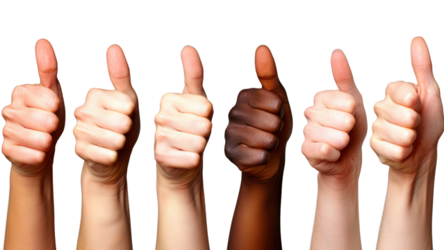 Row of diverse hands giving thumbs up with transparent background