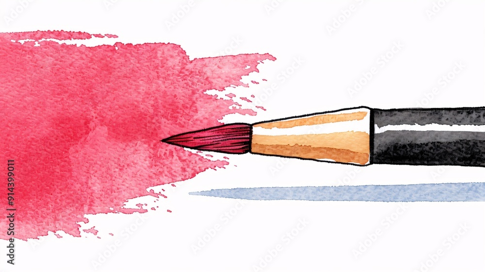 Poster a captivating scene where a brush tip creates a vivid red watercolor splash on a white backdrop, add