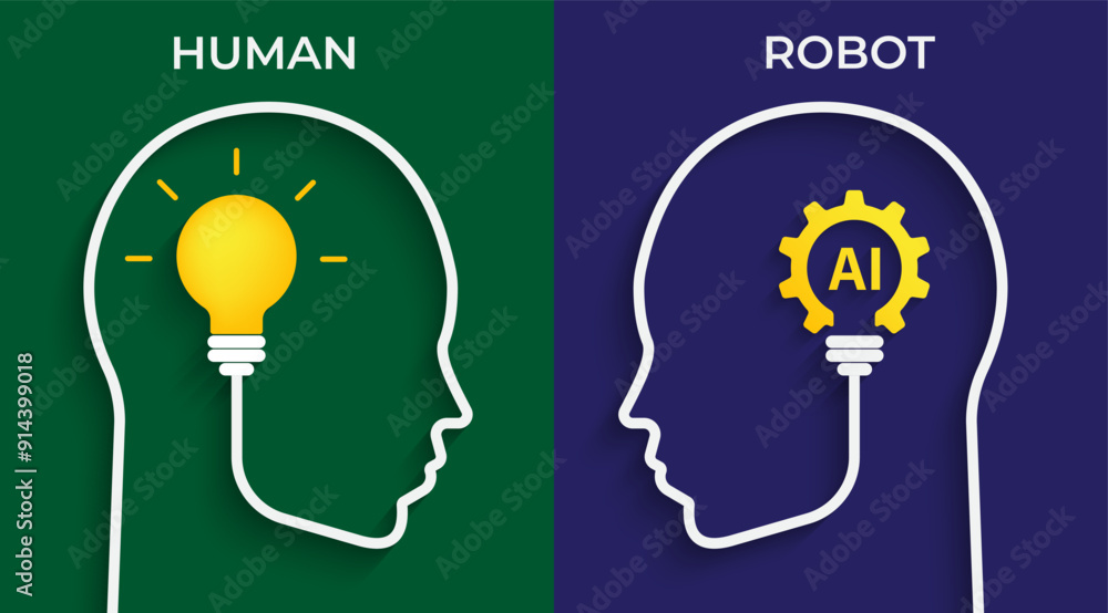 Poster human and robot concept. human head with bulb and ai symbols. artificial intelligence technology con