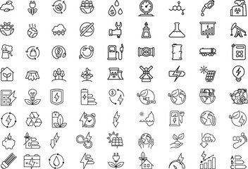 Net Zero and energy icons, related to green energy, sustainability, and energy efficiency, including items like solar panels, light bulbs, and batteries, in a minimal thin line vector illustration
