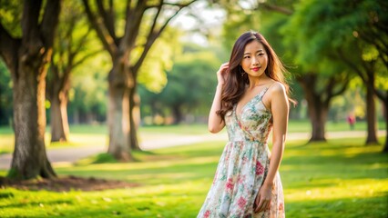 Fototapeta premium Beautiful young Asian woman in a trendy dress posing gracefully in a park, Asian, woman, young adult, beauty, fashion, posing