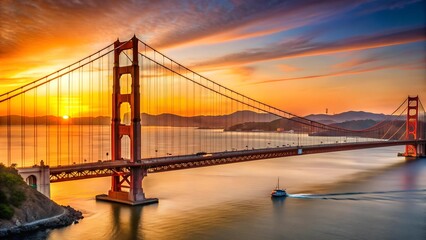 Fototapeta premium Golden Hour Embrace: The 25th of April Bridge Bathed in Sunset Hues Generative AI