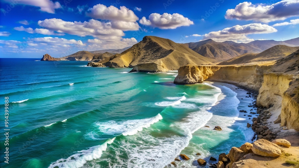 Poster sun-drenched cliffs and azure waves: a coastal tapestry in cabo de gata generative ai