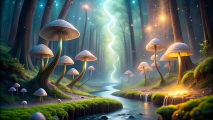 Celestial Mushroom Flight: A Serene Journey Through the Ethereal Forest  Generative AI