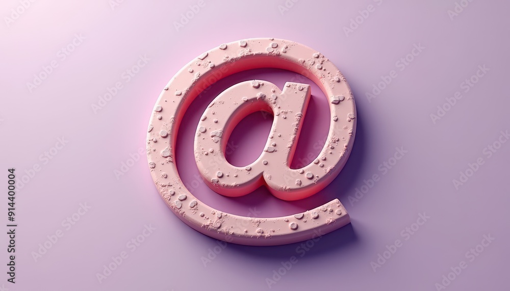Poster pink 3d @ symbol with bubble texture on a lilac background.