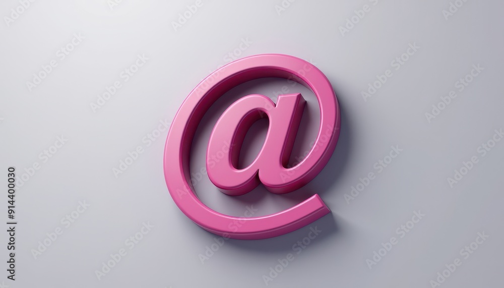Poster pink 3d '@' symbol with shadow on a grey background.