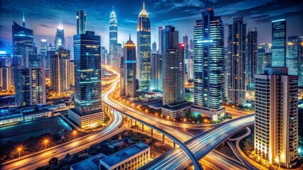 Fototapeta premium Aerial View of a Cityscape at Night with Light Trails on the Freeway, night , city , cityscape , highway
