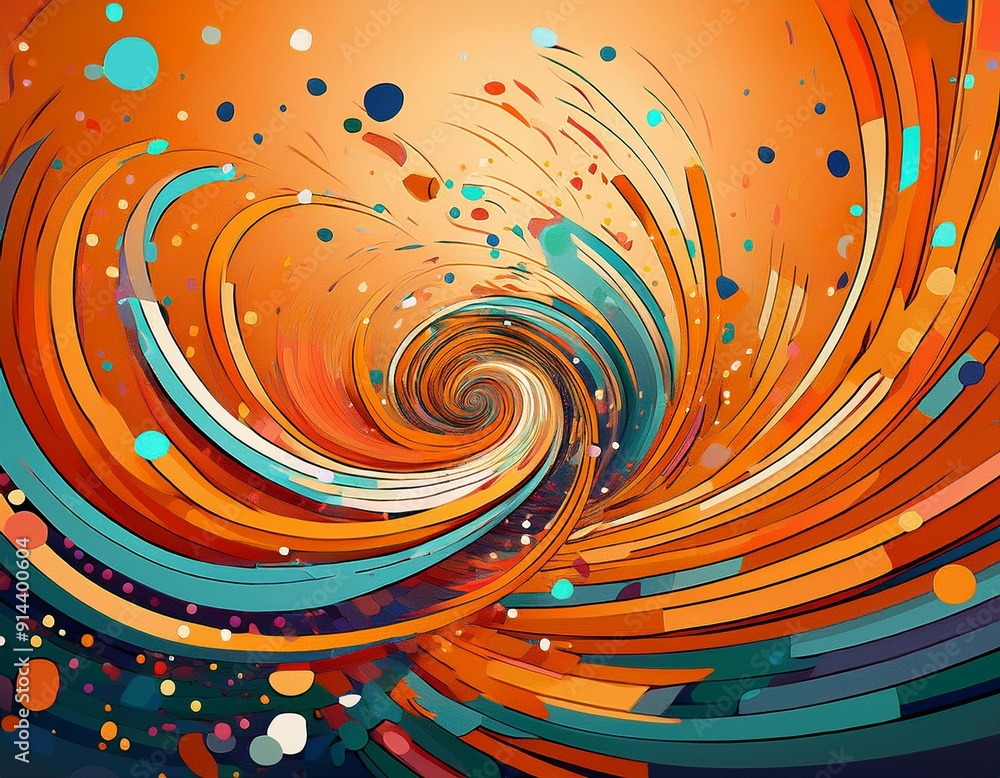 Poster the background is orange, with colorful confetti and lines in the center of an abstract spiral patte