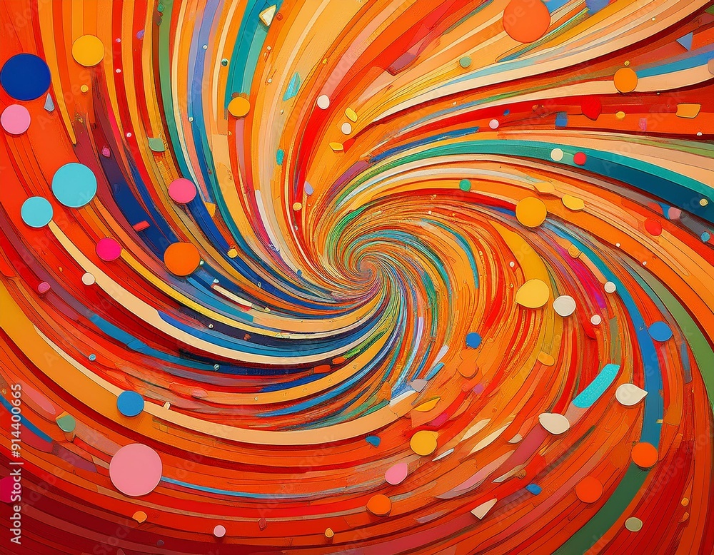 Poster the background is orange, with colorful confetti and lines in the center of an abstract spiral patte
