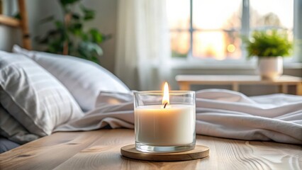 Soy wax scented candle in clear glass container with a front view mockup, set in an early morning bedroom