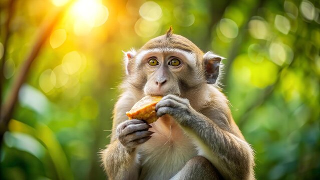 A Curious Monkey Devouring a Crusty Loaf of Bread in a Sun-Drenched Jungle Clearing  Generative AI