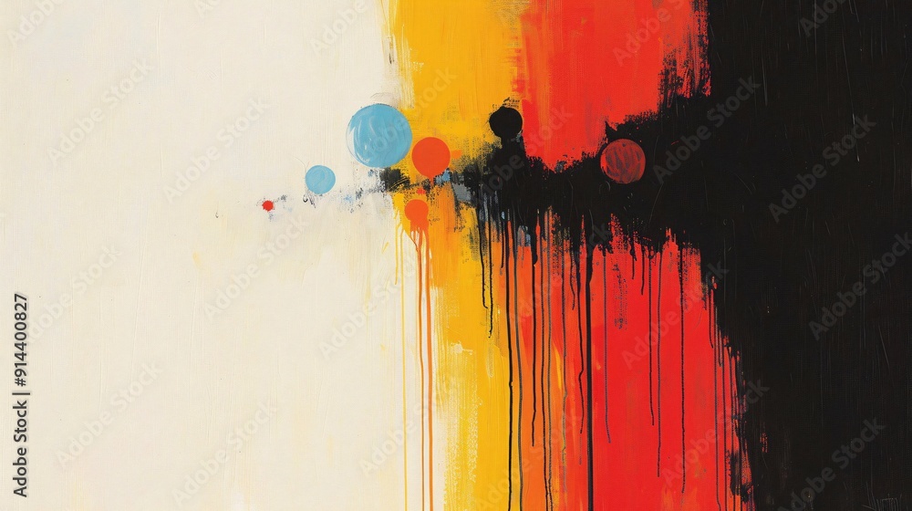 Poster this abstract art features a vibrant blend of colors with circles of different sizes, set against a 