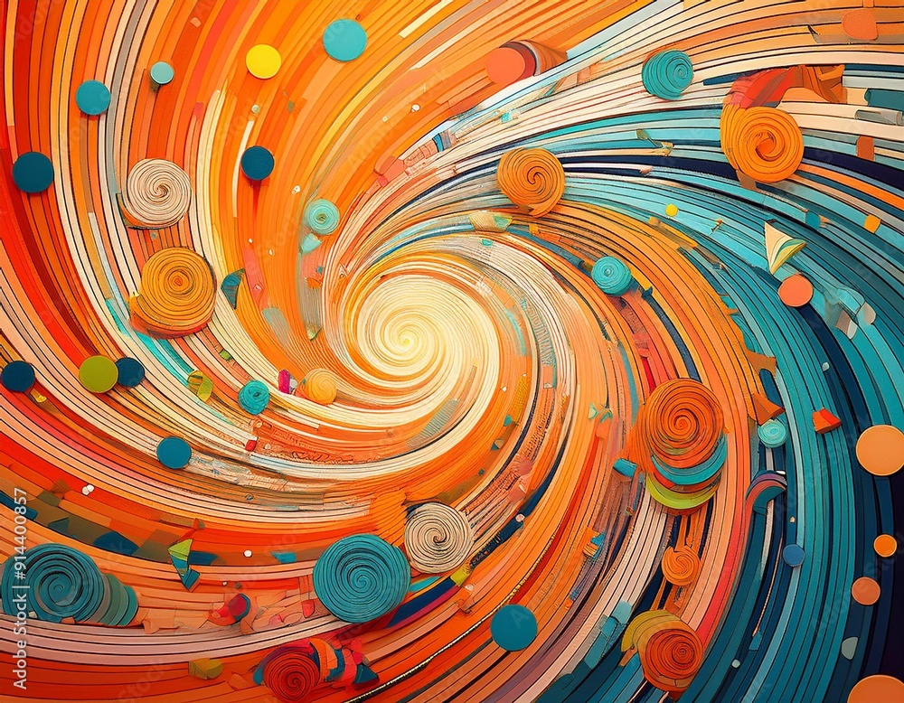 Poster the background is orange, with colorful confetti and lines in the center of an abstract spiral patte