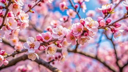 Obraz premium Close up of pink apricot blossoms on tree in full bloom during spring season , spring, apricot blossom, pink, tree, floral