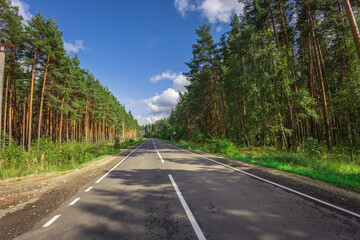 A road with trees on both sides and a clear blue sky