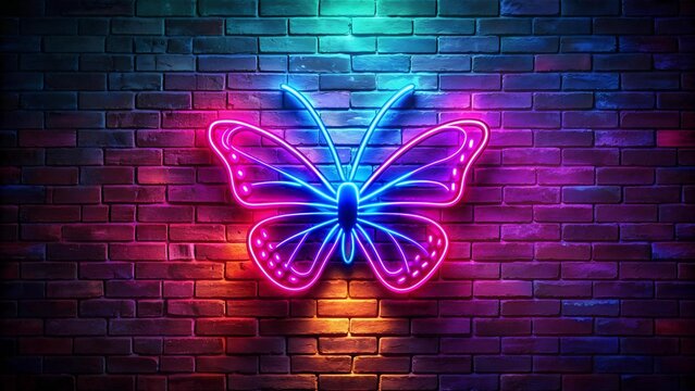 Vibrant Neon Butterfly on a Brick Wall  AI Generated
