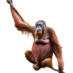 Naklejka premium Orangutan ape hanging on a vine white background 