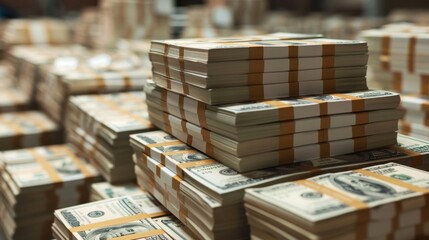 Fototapeta premium Neatly stacked bundles of hundred-dollar bills