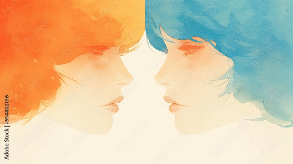 Poster this image features abstract paintbrush strokes in vivid orange on the left and blue on the right, b