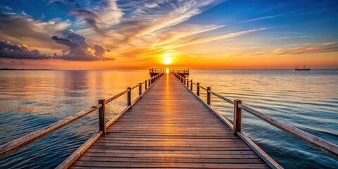 Naklejka premium Sunset view on a wooden pier by the sea , sunset, pier, ocean, evening, twilight, calm, serene, peaceful, tranquil, horizon