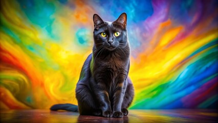 Black Cat with Vibrant Abstract Background, cat photography, black cat, colorful background, abstract art