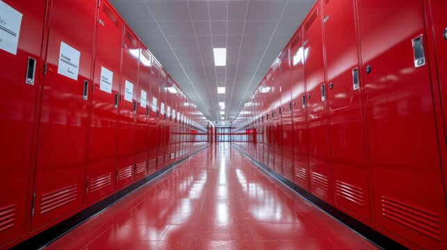 Bright red lockers in a gym hallway