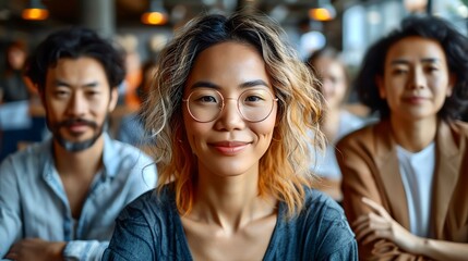 Fototapeta premium Smiling Asian woman with glasses in a group of people