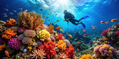 Scuba diver exploring vibrant coral reefs in the crystal clear ocean water, underwater, scuba diving, adventure