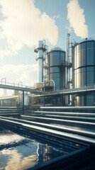 Obraz premium Futuristic Hydrogen Power Plant Integrated into Smart City Infrastructure: 4K AI-Generated Illustration of Clean Energy Revolution. Massive Steel Tanks and Pipelines Showcase Innovative Urban Energy S