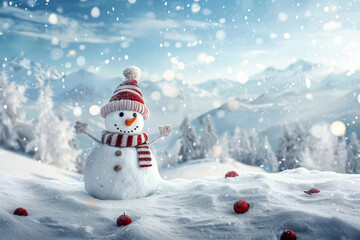 Fototapeta premium Smiling Christmas Snowman with hat and scarf standing in snowy winter background
