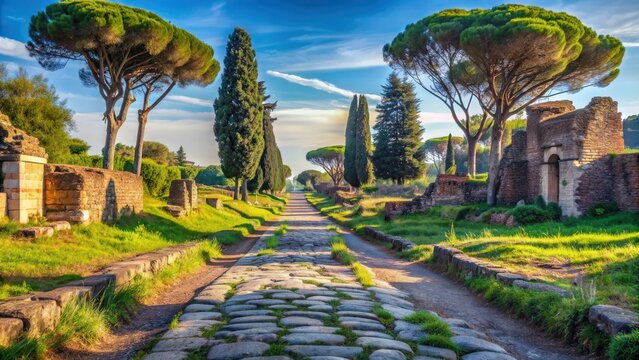 Ancient Roman ruins along the historic Appia Antica road in Rome, Italy, Rome, Italy, Appia Antica