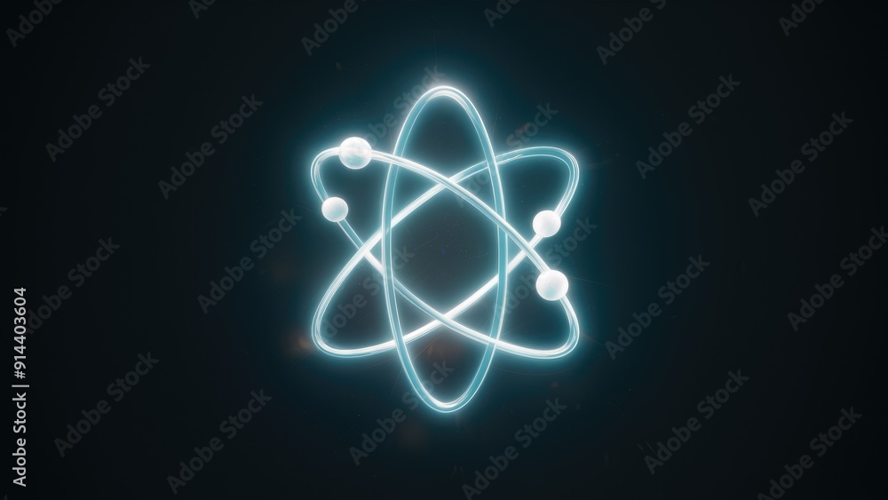 Poster glowing blue atom molecule isolated in a dark background 3d rendering