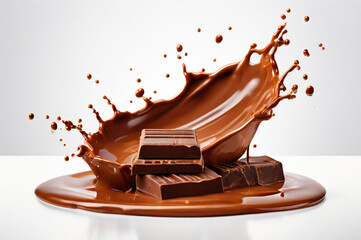 Group of solid dark chocolates floating on big swirl of melted chocolate