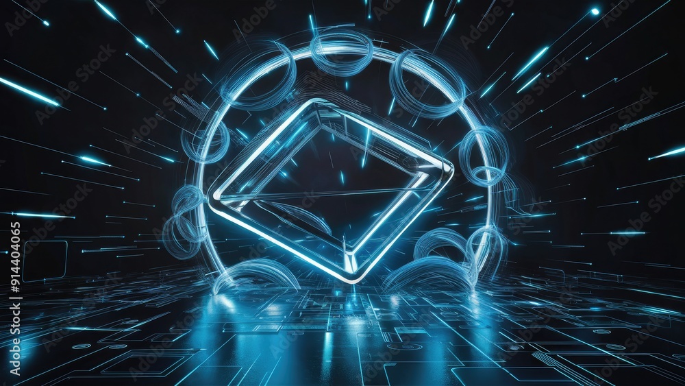 Poster futuristic digital design featuring abstract blue geometric shapes and luminous lines against a dark