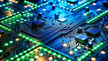 Obraz premium Circuit Board with Blue and Green Lights, Close Up, Microchip, Technology, Electronics, Circuitry, Motherboard
