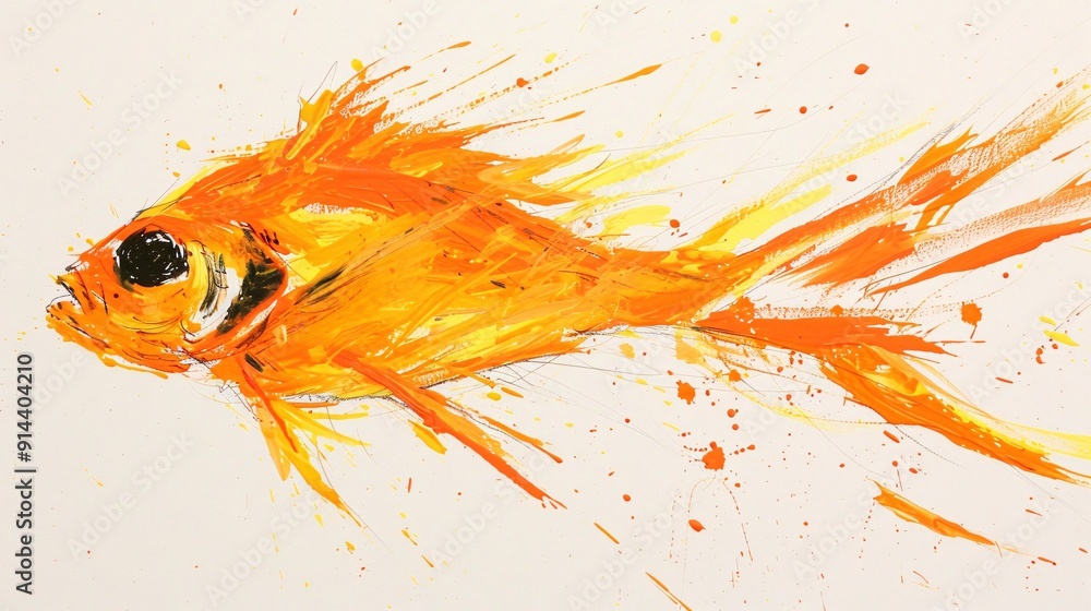 Poster the painting captures the movement and liveliness of a striking orange fish, rendered with dynamic b
