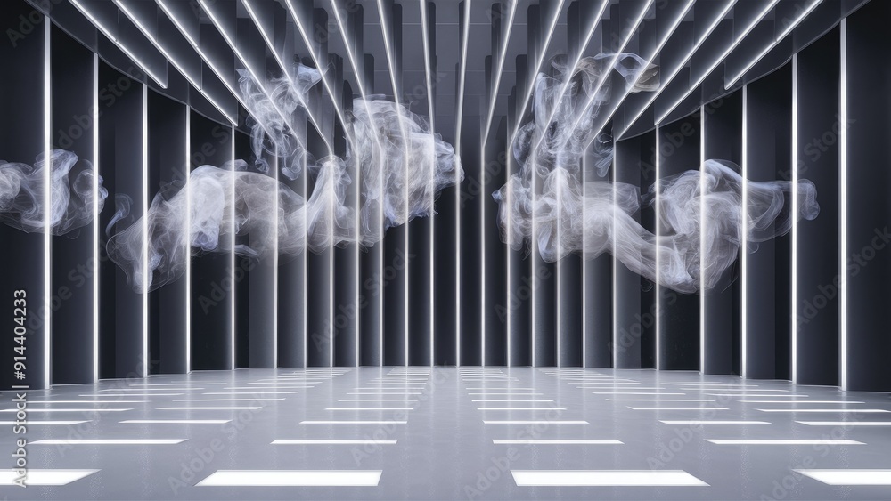 Poster empty stage with directional white lighting and floating smoke on a transparent background ideal for