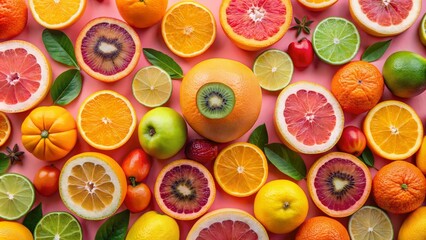 Citrus Burst A Colorful Composition of Sliced Fruits on Pink Background, Citrus Fruits, Fruit Background, Pink Background, Summer Fruits