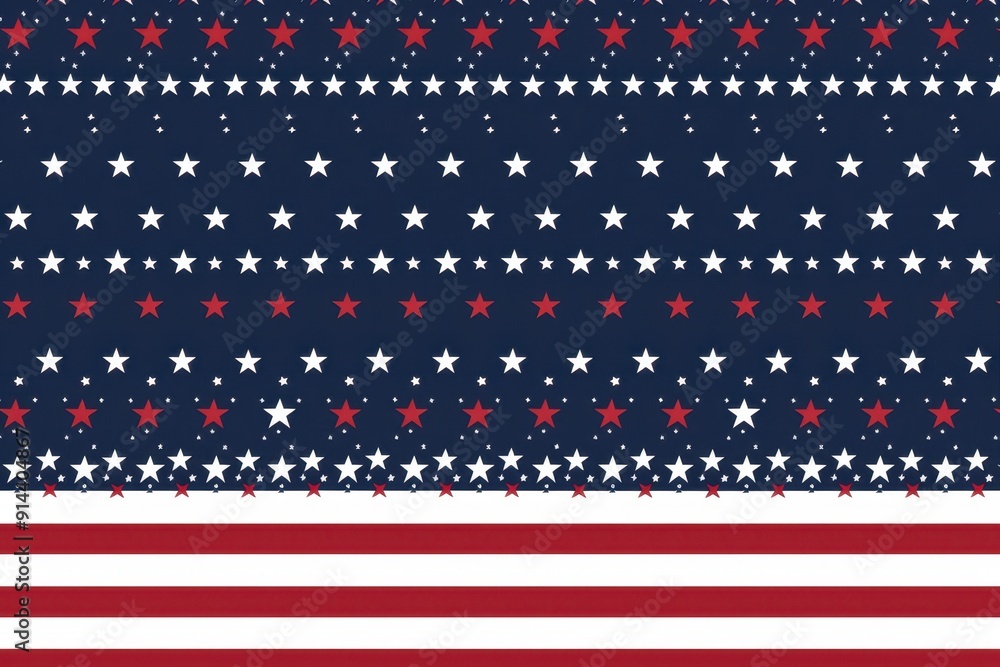 Poster a blue background with red and white stripes at the bottom, featuring stars arranged in an american 