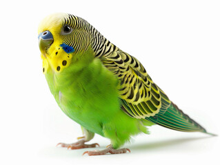 Fototapeta premium Colorful green budgerigar perched gracefully on a surface with a bright white backdrop