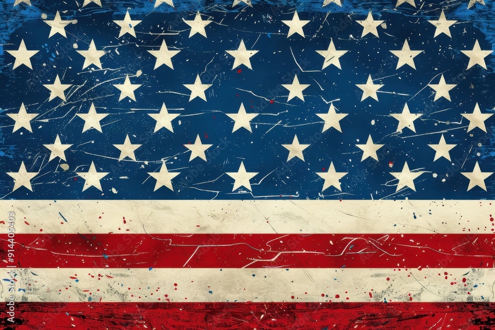Poster a blue background with red and white stripes at the bottom, stars in vertical lines across it, symbo