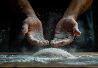 Hands pouring flour over dough on wooden surface during baking preparation in a kitchen