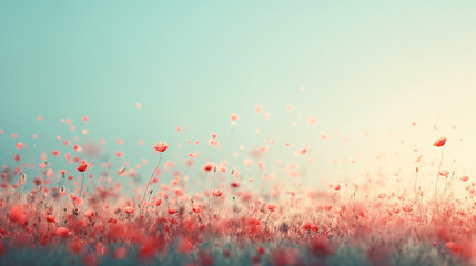A field of red flowers with a blue sky in the background