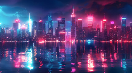 Naklejka premium Neon cityscape reflected in water at night.