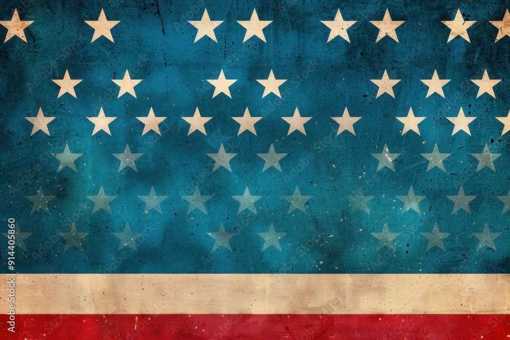 Poster blue background with red and white stripes at the bottom, featuring stars arranged in an american fl