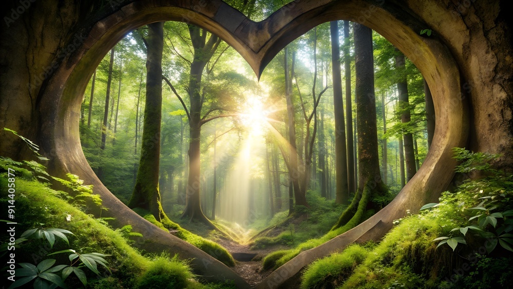 Poster whispers of the sky: a heart-shaped window in the emerald canopy generative ai