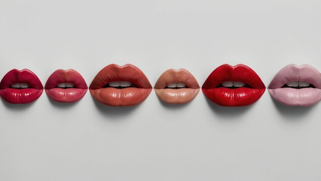 lips in a row with different colors of lipstick on a white background